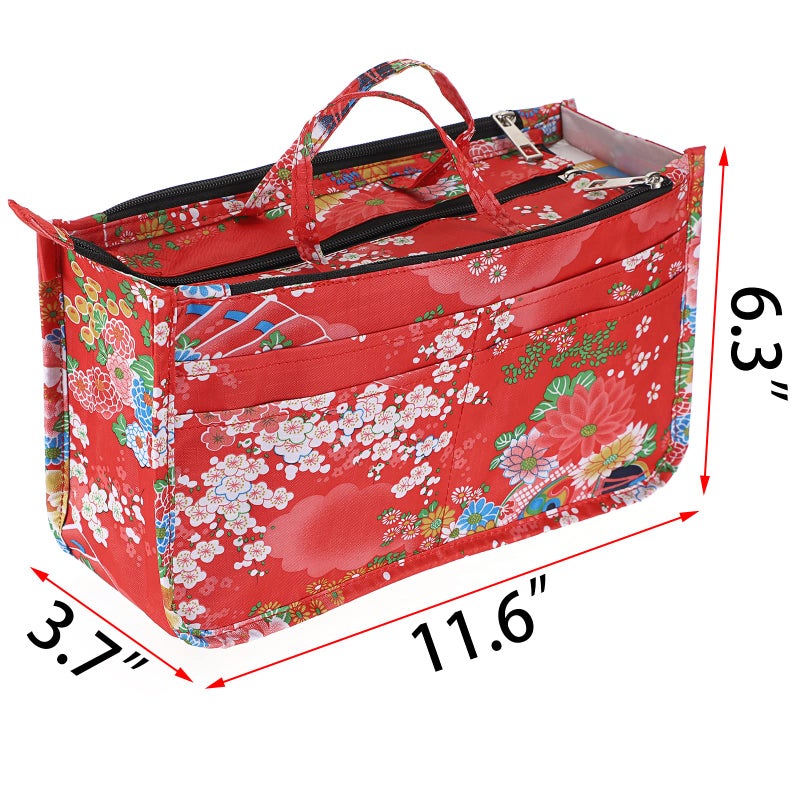 BTSKY Printing Handbag Organizers Inside Purse Insert-High Capacity 13 Pockets Bag Tote Organizer with Handle Fashion Style (Festive Flower) - Image 3